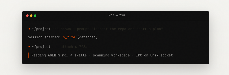 nca line shell: NCA ZSH window with nca spawn, detached session id, nca attach, and AGENTS IPC status line